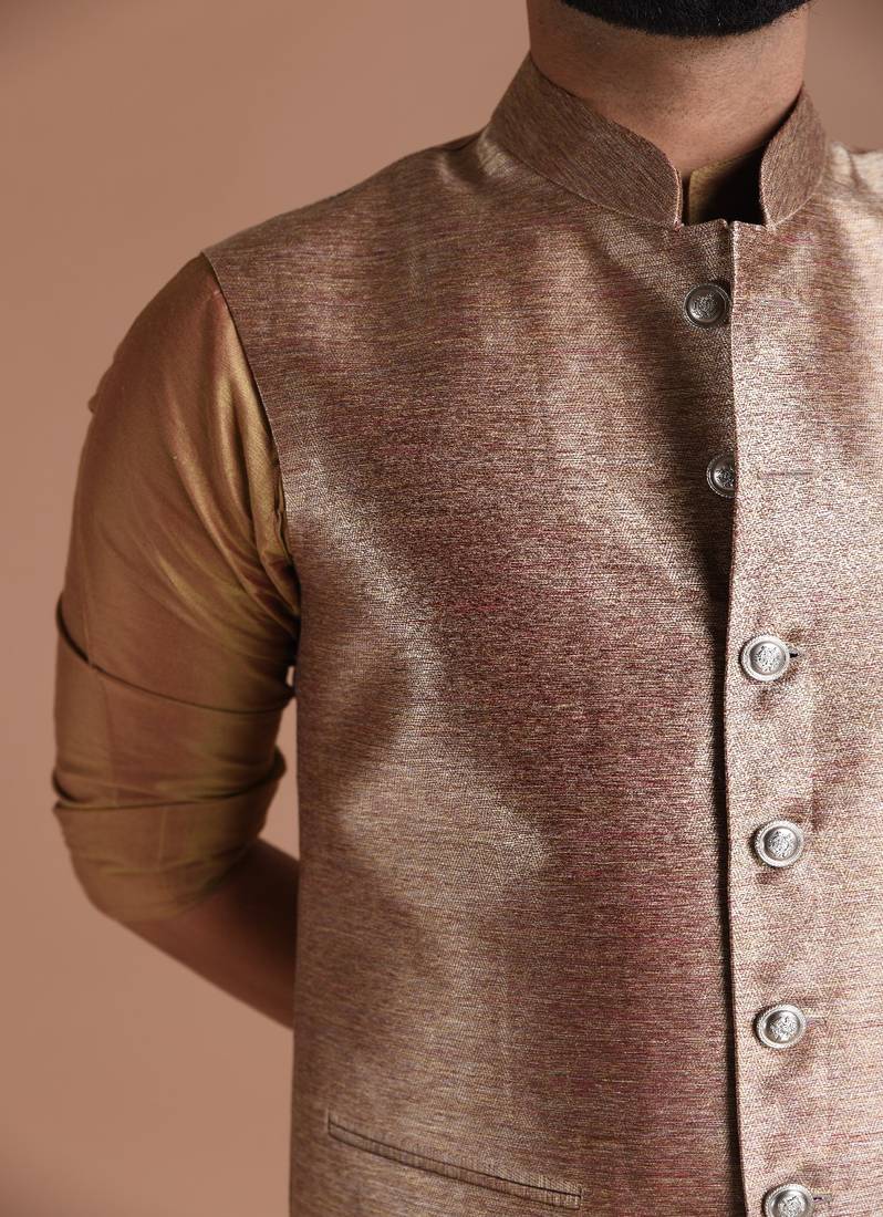 Maharaja Style Magenta-Gold Handmade Kim-Khab Half Jodhpuri Jacket with Kurta-Pajama Set