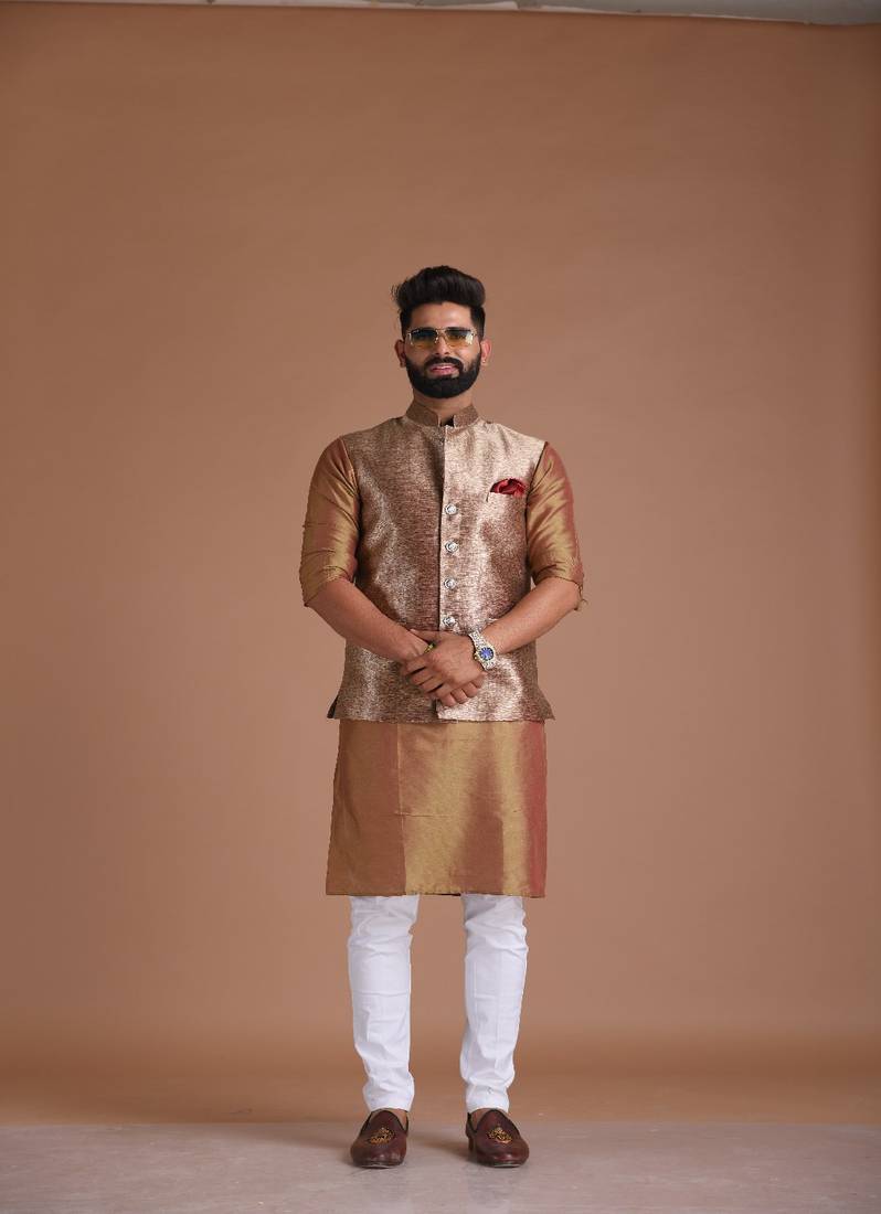 Maharaja Style Magenta-Gold Handmade Kim-Khab Half Jodhpuri Jacket with Kurta-Pajama Set