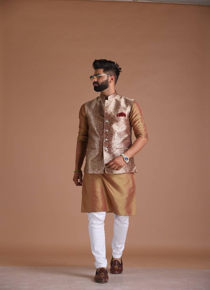Maharaja Style Magenta-Gold Handmade Kim-Khab Half Jodhpuri Jacket with Kurta-Pajama Set