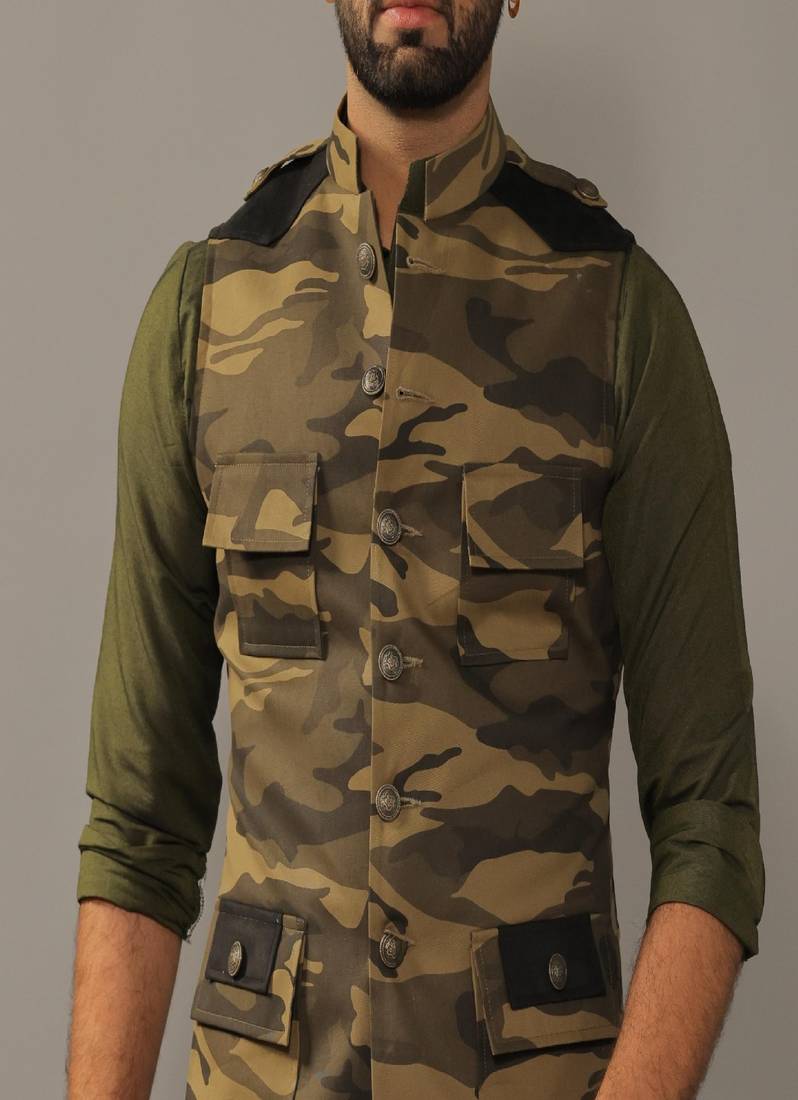 Olive Green Camouflage Hunting Style Jacket with Kurta Pajama Set