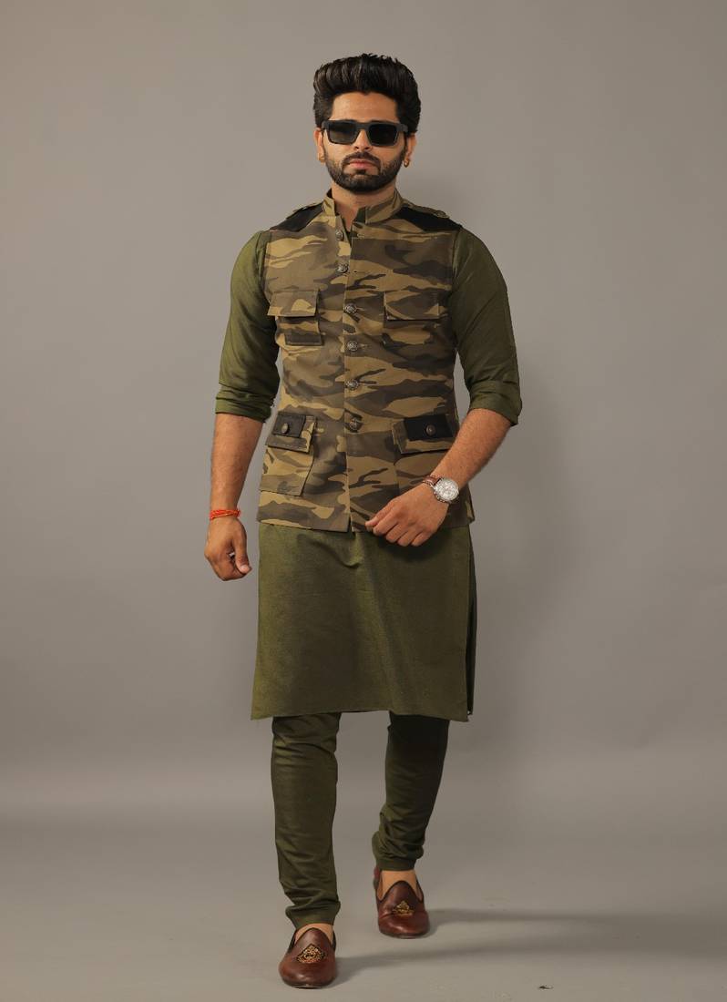 Olive Green Camouflage Hunting Style Jacket with Kurta Pajama Set
