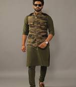 Olive Green Camouflage Hunting Style Jacket with Kurta Pajama Set