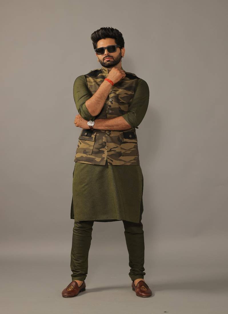 Olive Green Camouflage Hunting Style Jacket with Kurta Pajama Set