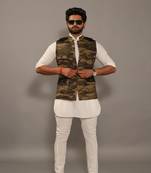Olive Green Camouflage Hunting Style Jacket with White Kurta Pajama Set
