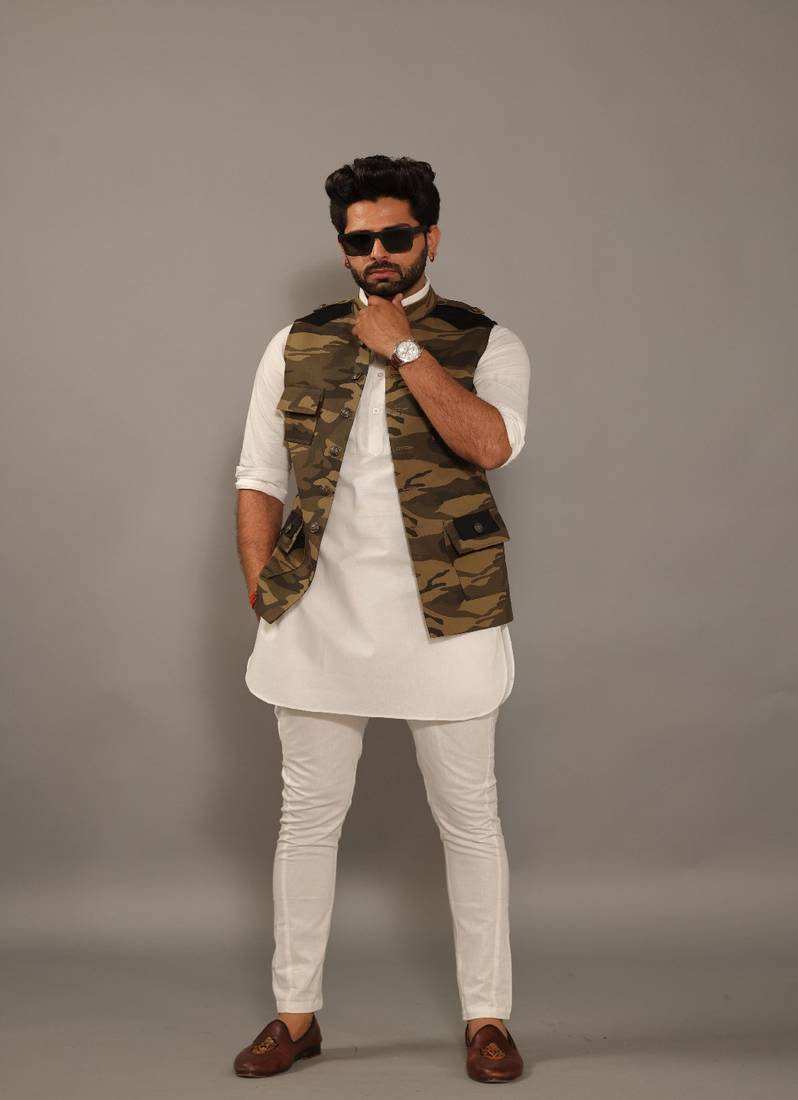 Olive Green Camouflage Hunting Style Jacket with White Kurta Pajama Set