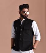 Three Pocket Black Color Half Premium Faux Suede Leather Fabric Jacket With Kurta Pajama