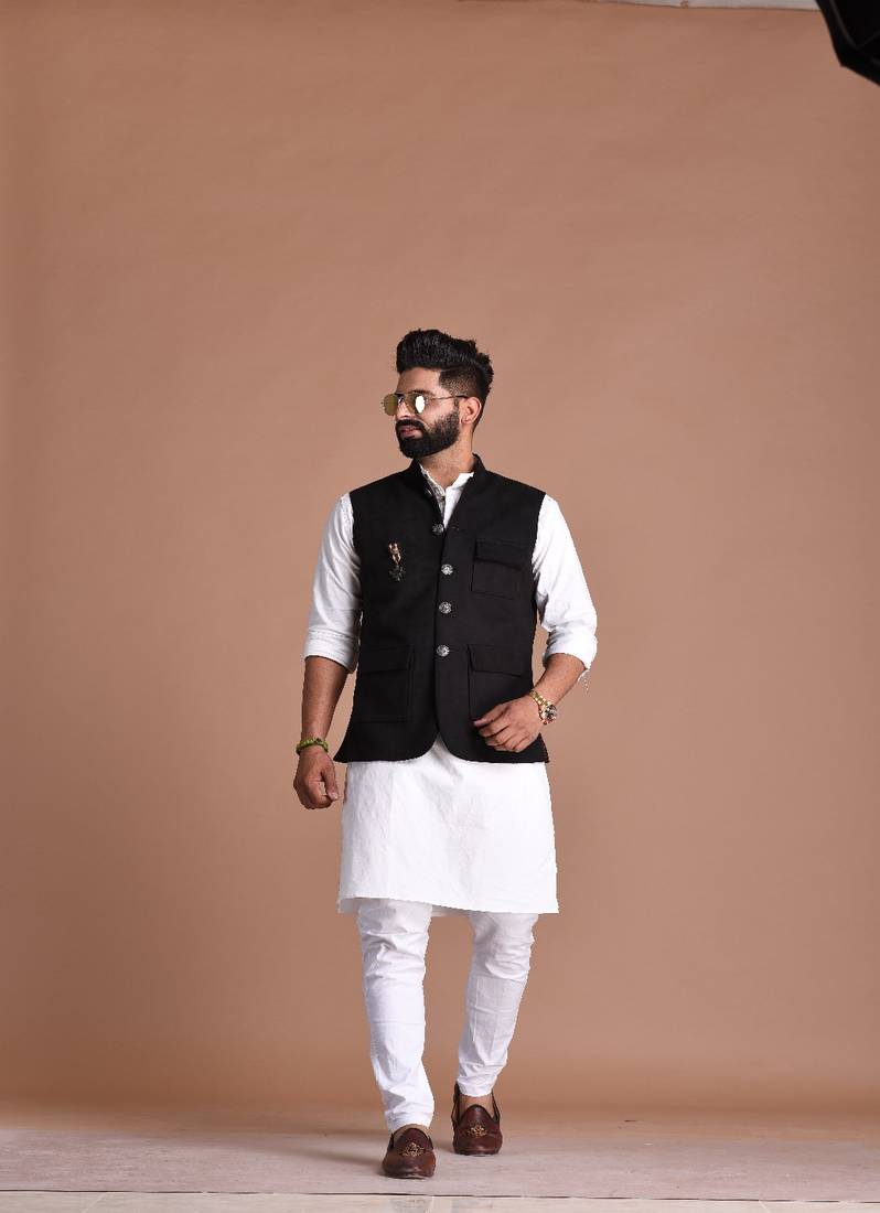 Black Kurta White Pajama With Waistcoat Black Waistcoat White
