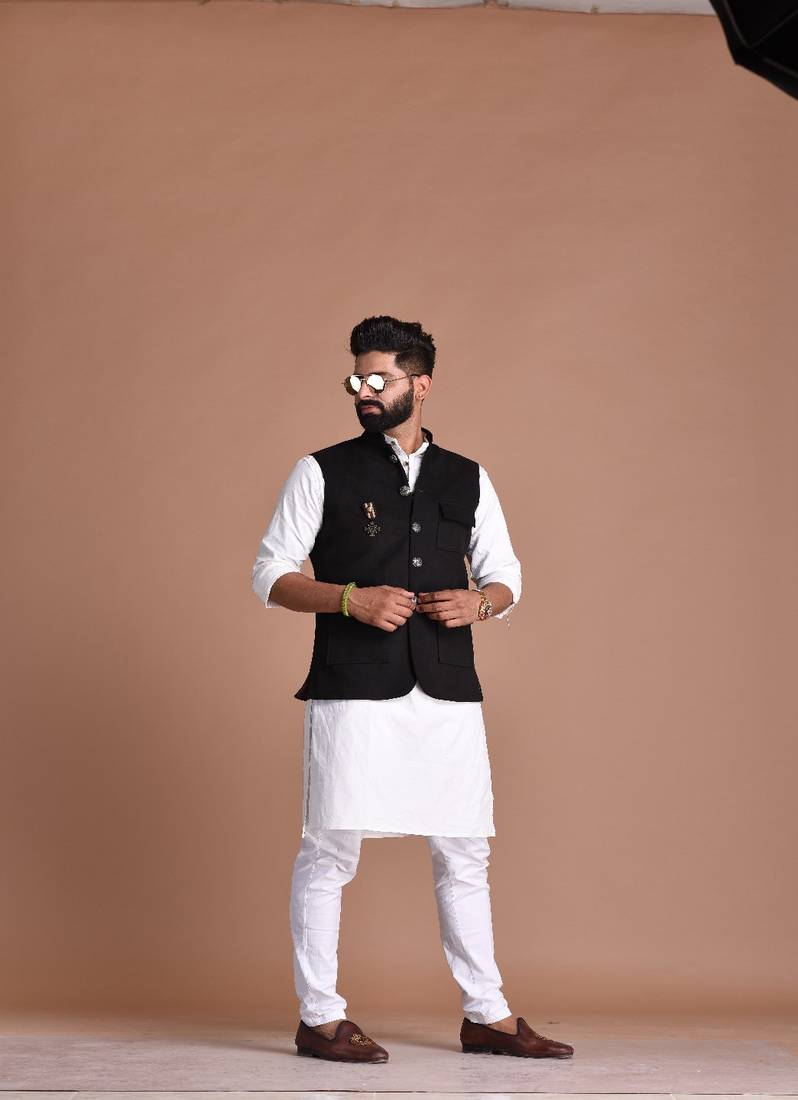 Three Pocket Black Color Half Premium Faux Suede Leather Fabric Jacket With Kurta Pajama