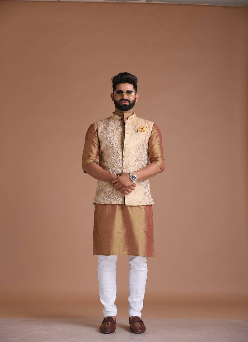 Floral Pattern Banarasi Brocade Beige Golden Color Half Jodhpuri Jacket with Kurta Pajama Set
