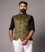4 Pocket Hunting Style Faux Suede Leather Bandhgala Jodhpuri with Trouser