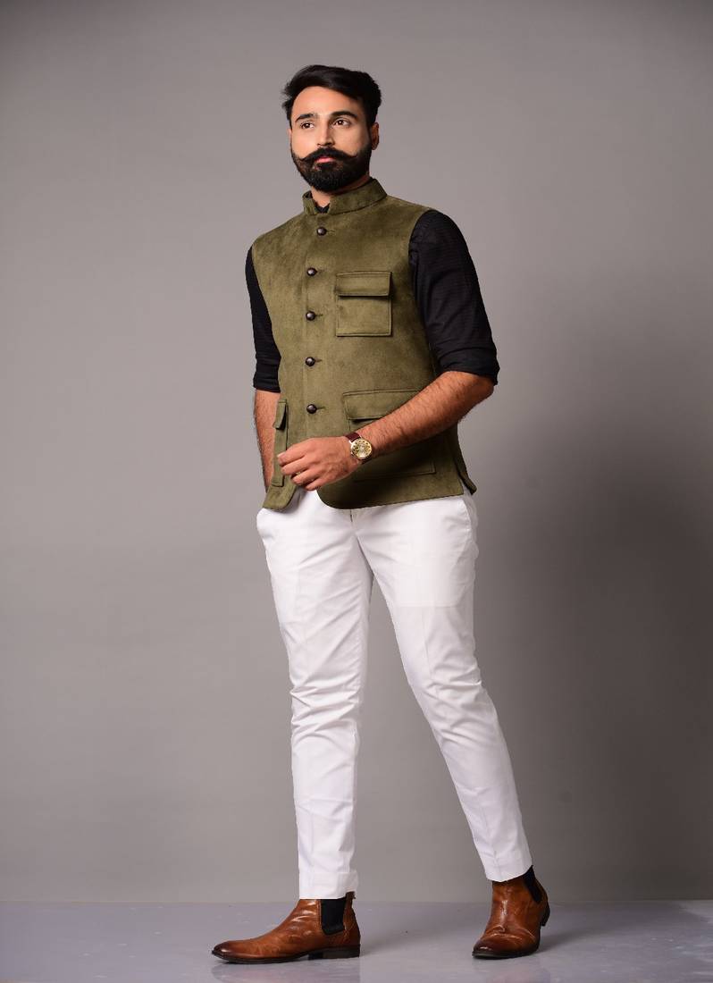 4 Pocket Hunting Style Faux Suede Leather Bandhgala Jodhpuri with Trouser