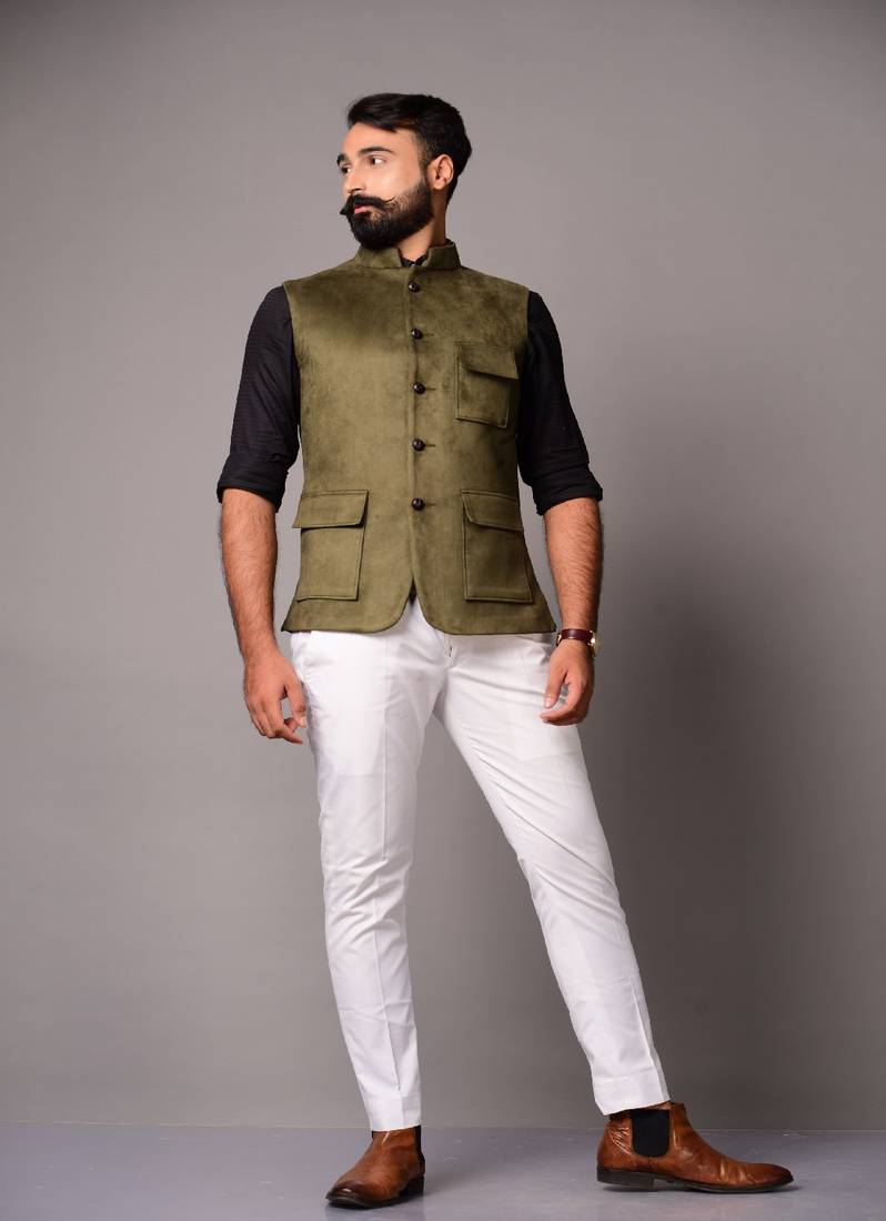 4 Pocket Hunting Style Faux Suede Leather Bandhgala Jodhpuri with Trouser