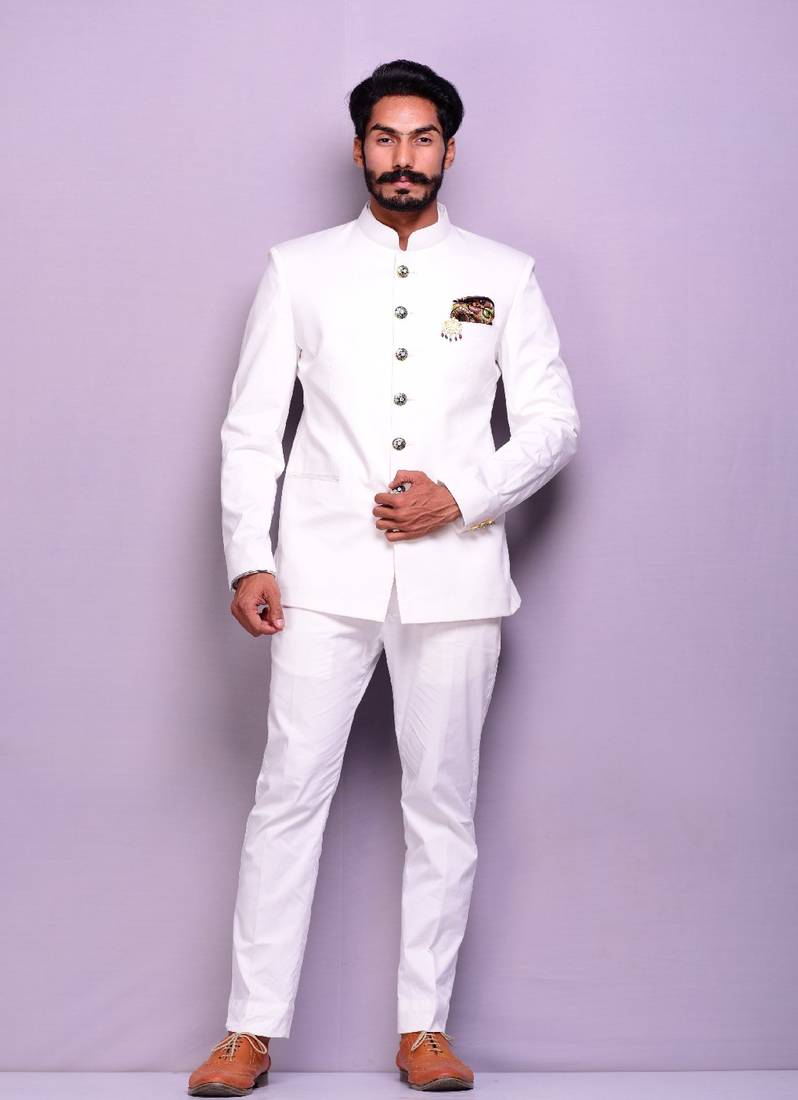 Bespoke Classic White Jodhpuri Bandhgala Suit for Men