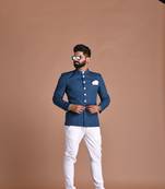 Bespoke Indian Maharaja Style Royal Teal Blue Jodhpuri Bandhgala Suit With White Trouser