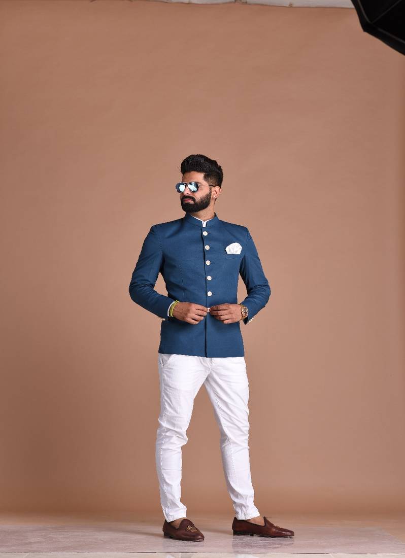 Bespoke Indian Maharaja Style Royal Teal Blue Jodhpuri Bandhgala
