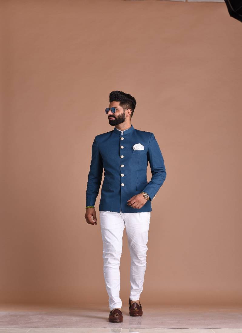 Bespoke Indian Maharaja Style Royal Teal Blue Jodhpuri Bandhgala Suit With White Trouser