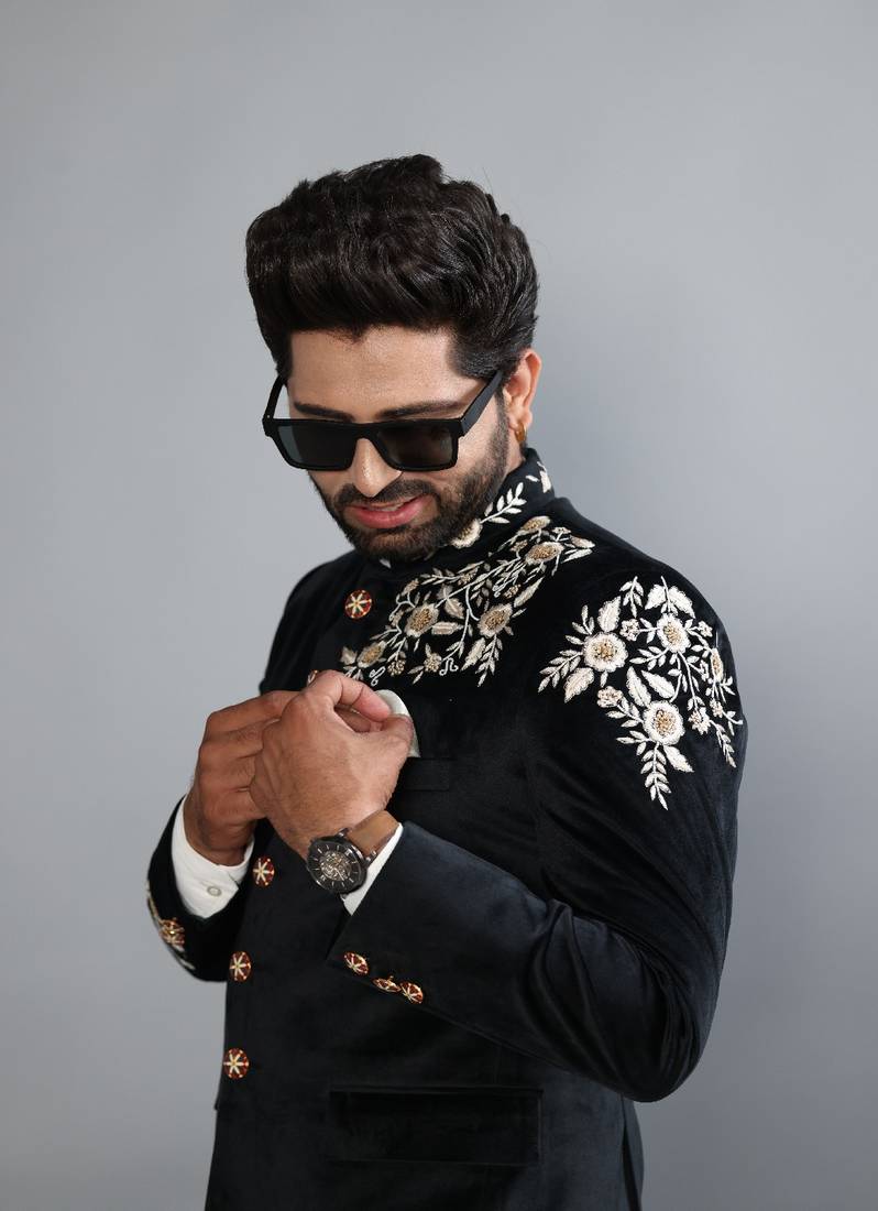 Black Makhmali Hand Embroidered Jodhpuri Bandhgala Jacket