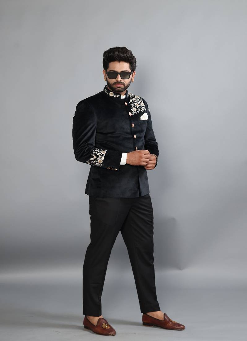 Black Makhmali Hand Embroidered Jodhpuri Bandhgala Jacket