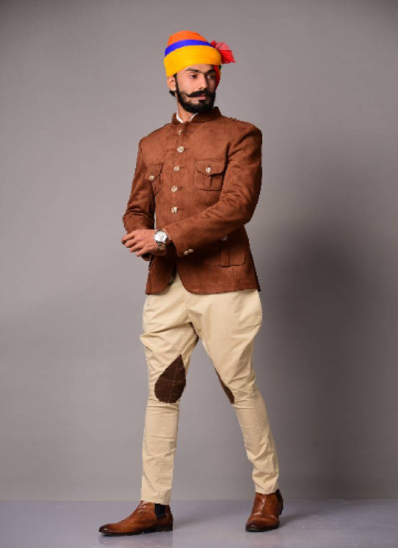 Camel Colour Faux Suede Leather Hunting Bandhgala