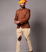 Camel Colour Faux Suede Leather Hunting Bandhgala
