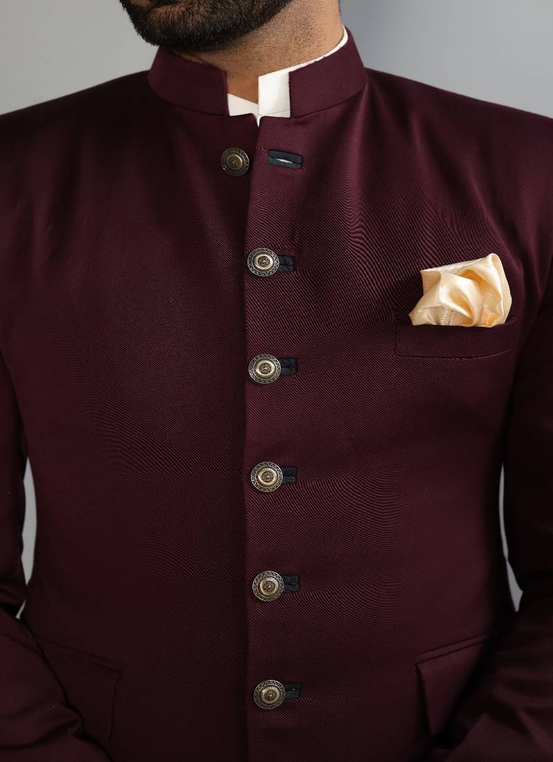 Elevate Your Style with the Luxurious Wine Jodhpuri Bandhgala Designer Suit Paired with Black Pants