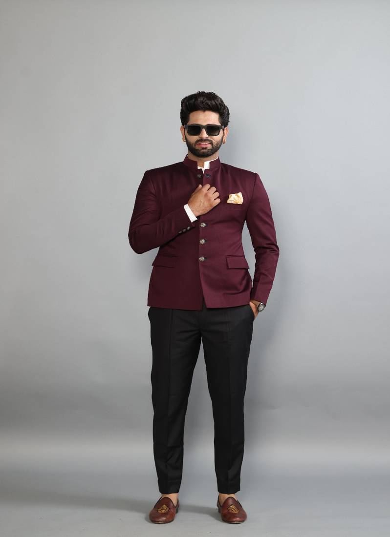 Elevate Your Style with the Luxurious Wine Jodhpuri Bandhgala Designer Suit Paired with Black Pants