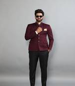 Elevate Your Style with the Luxurious Wine Jodhpuri Bandhgala Designer Suit Paired with Black Pants