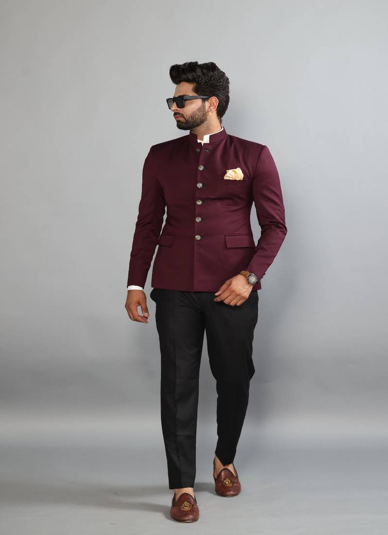 Elevate Your Style with the Luxurious Wine Jodhpuri Bandhgala Designer Suit Paired with Black Pants