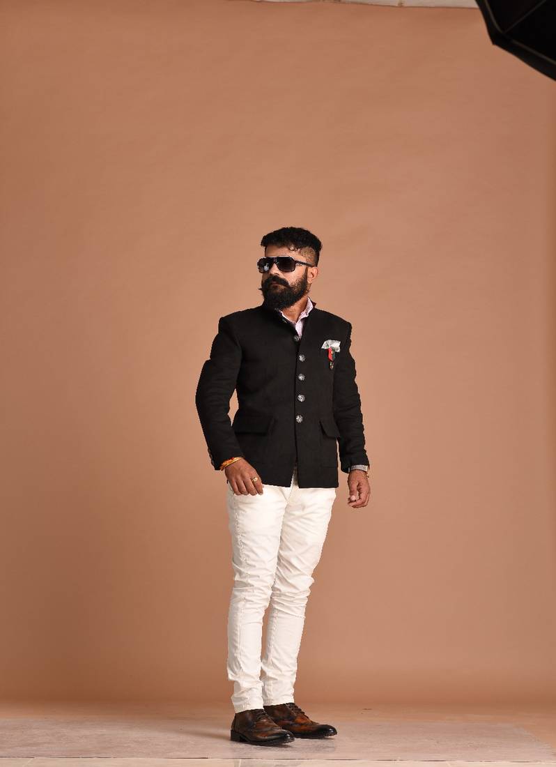 Exclusive Suede Leather Black Color Jodhpuri Bandhgala Blazer With White Trouser