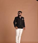 Exclusive Suede Leather Black Color Jodhpuri Bandhgala Blazer With White Trouser