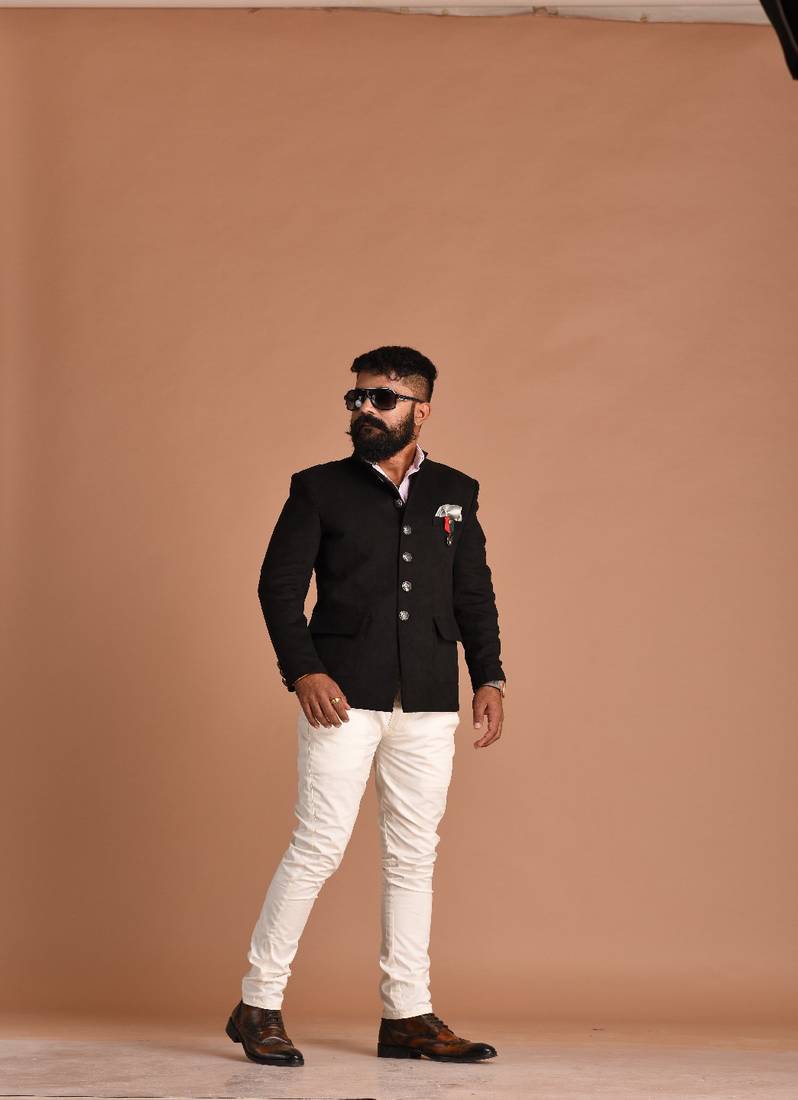 Exclusive Suede Leather Black Color Jodhpuri Bandhgala Blazer With White Trouser