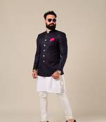 Handcrafted Navy Blue Indian Bandhgala Jodhpuri Blazer with Kurta Pajama Set, Available in Father Son Combo