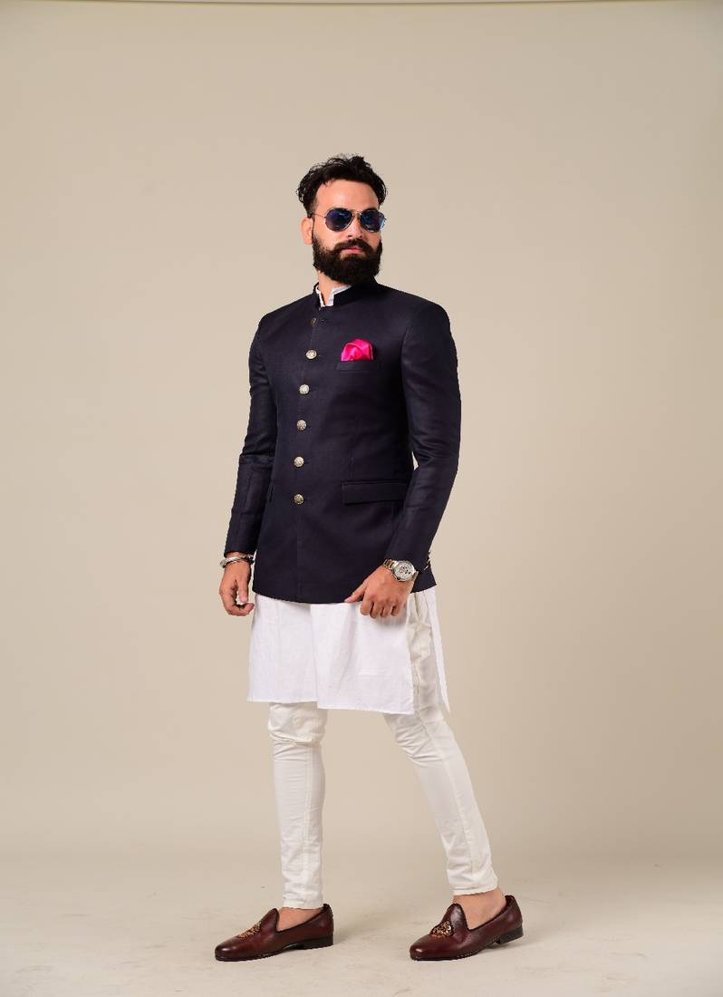 Handcrafted Navy Blue Indian Bandhgala Jodhpuri Blazer with Kurta Pajama Set, Available in Father Son Combo