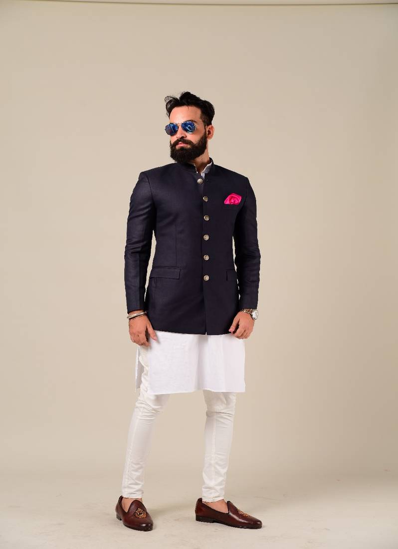 Handcrafted Navy Blue Indian Bandhgala Jodhpuri Blazer with Kurta Pajama Set, Available in Father Son Combo