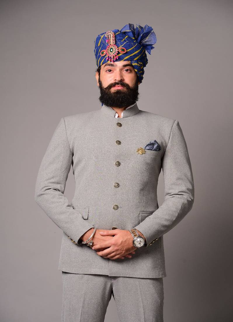 Handmade Modish Grey Jodhpuri Bandhgala Suit for Men