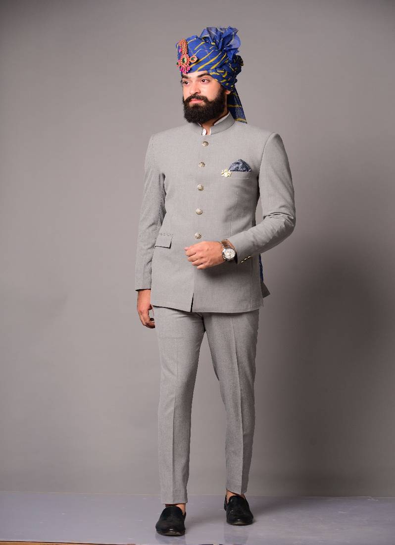 Handmade Modish Grey Jodhpuri Bandhgala Suit for Men Rajanyas