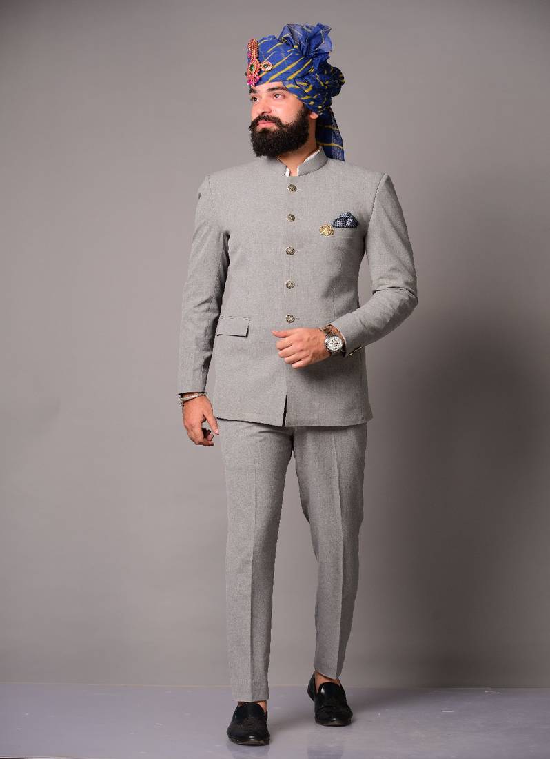 Handmade Modish Grey Jodhpuri Bandhgala Suit for Men