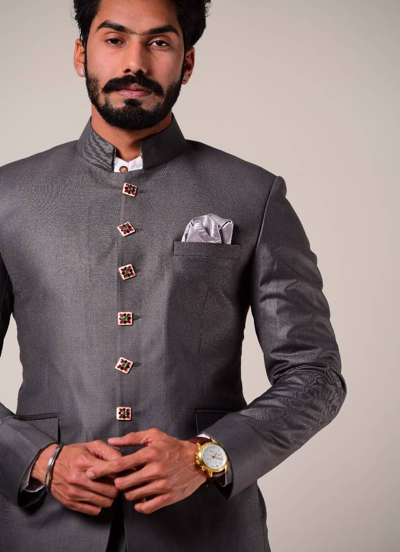 Personalised Dark Grey Royal Jodhpuri Suit with Exclusively Handcrafted Jaipuri Meenakari Buttons