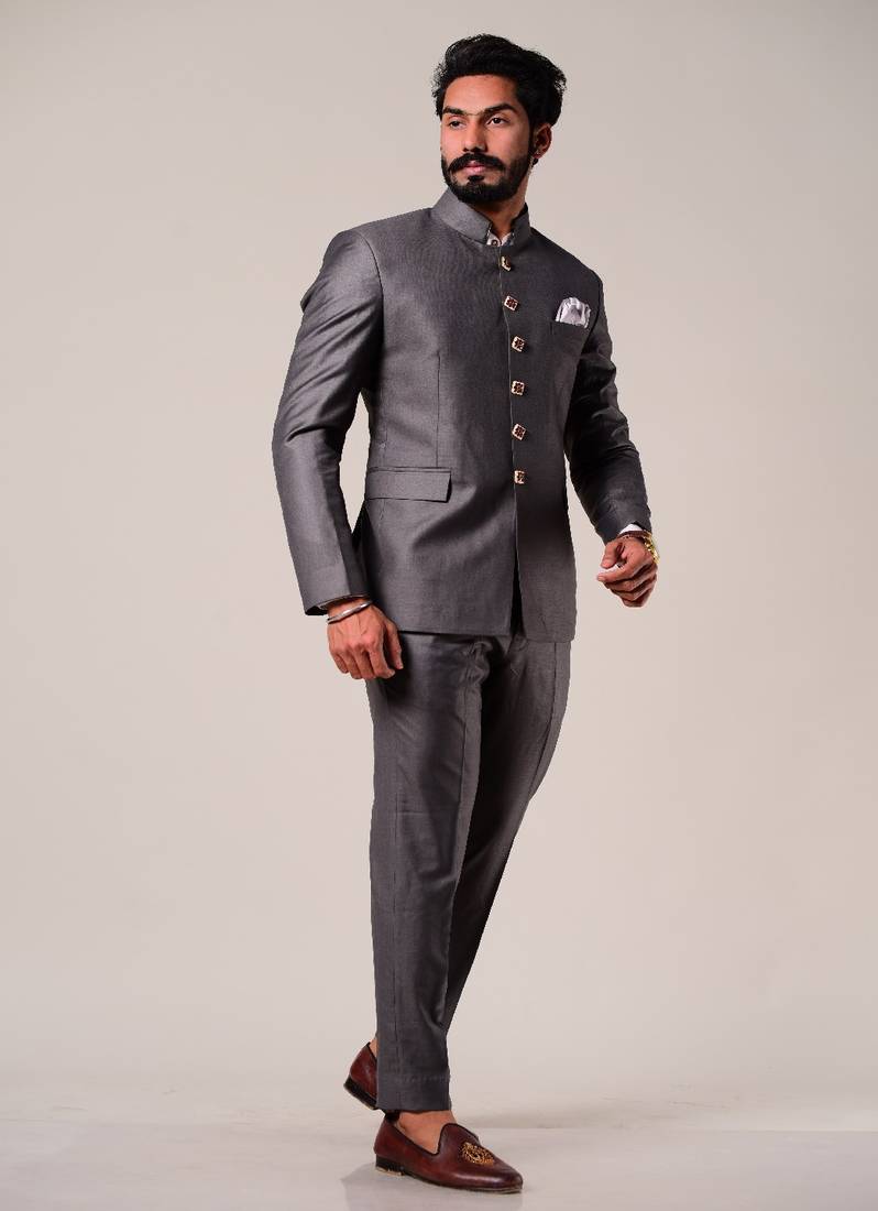 Personalised Dark Grey Royal Jodhpuri Suit with Exclusively Handcrafted Jaipuri Meenakari Buttons