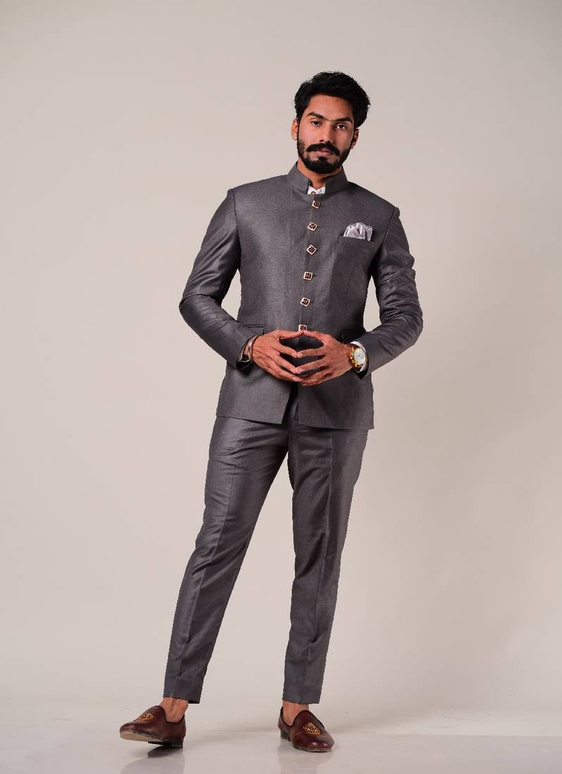 Personalised Dark Grey Royal Jodhpuri Suit with Exclusively Handcrafted Jaipuri Meenakari Buttons