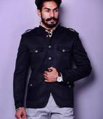 Vintage Black Faux Suede Leather Hunting Bandhgala With Breeches