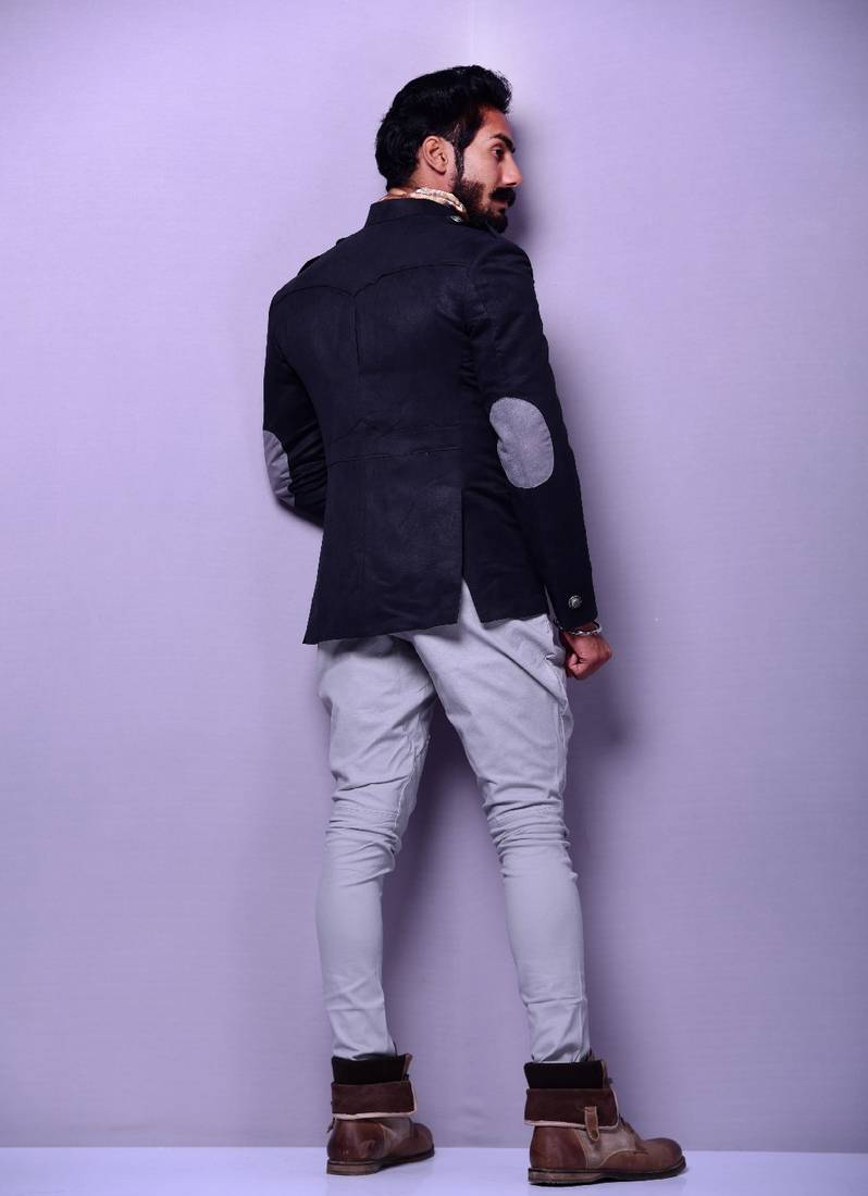 Vintage Black Faux Suede Leather Hunting Bandhgala With Breeches