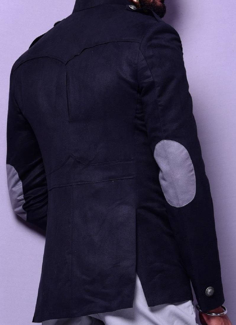 Vintage Black Faux Suede Leather Hunting Bandhgala With Breeches