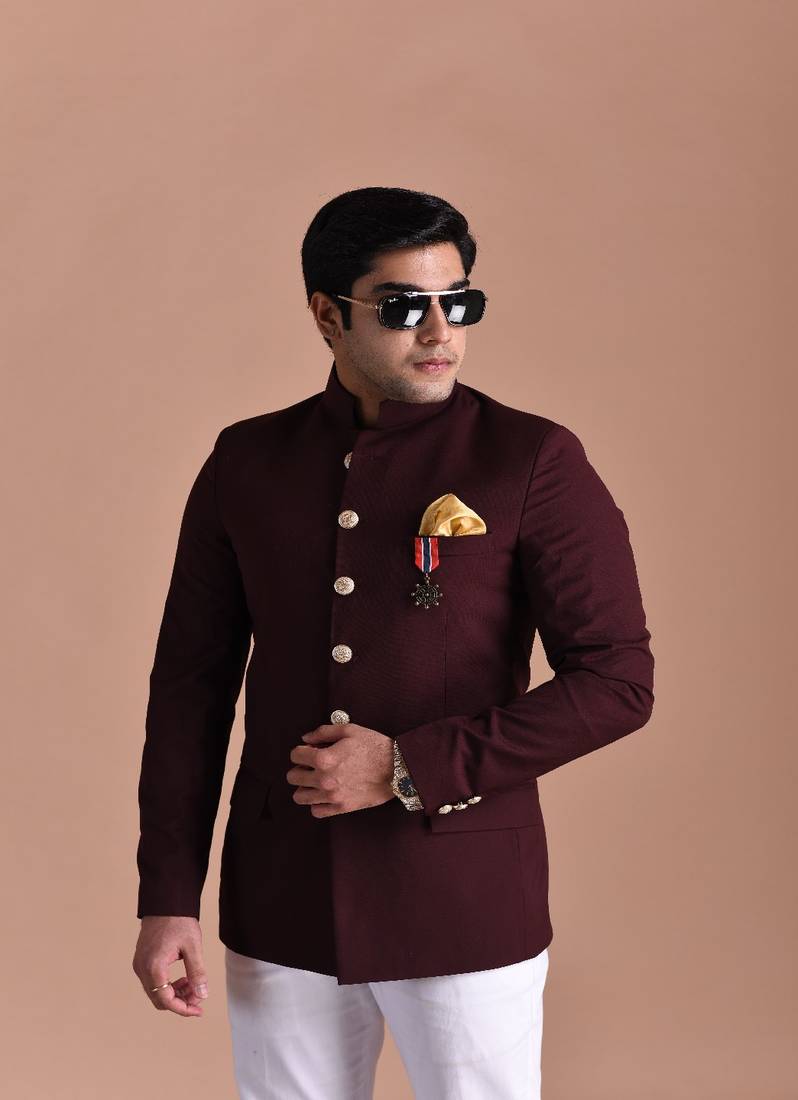 Wine Color Jodhpuri Bandhgala Designer Blazer with White Trouser