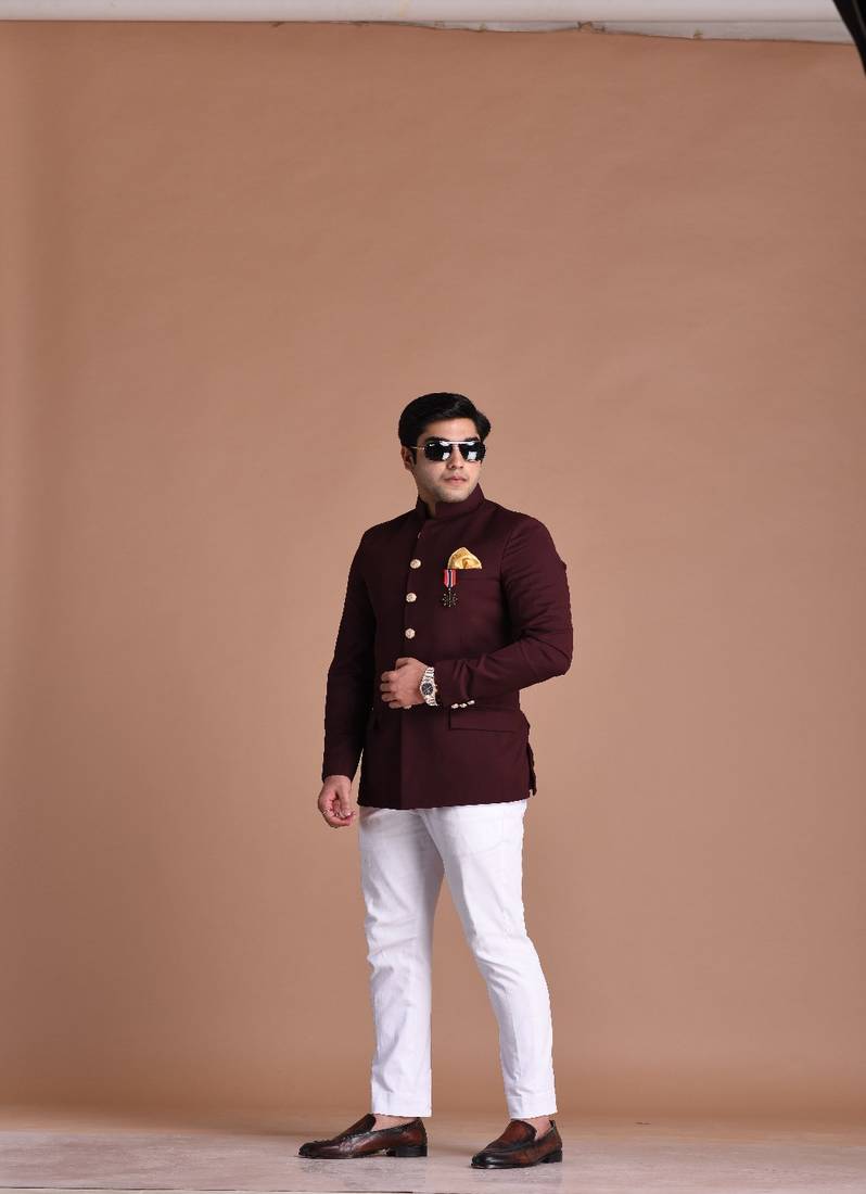 Wine Color Jodhpuri Bandhgala Designer Blazer with White Trouser