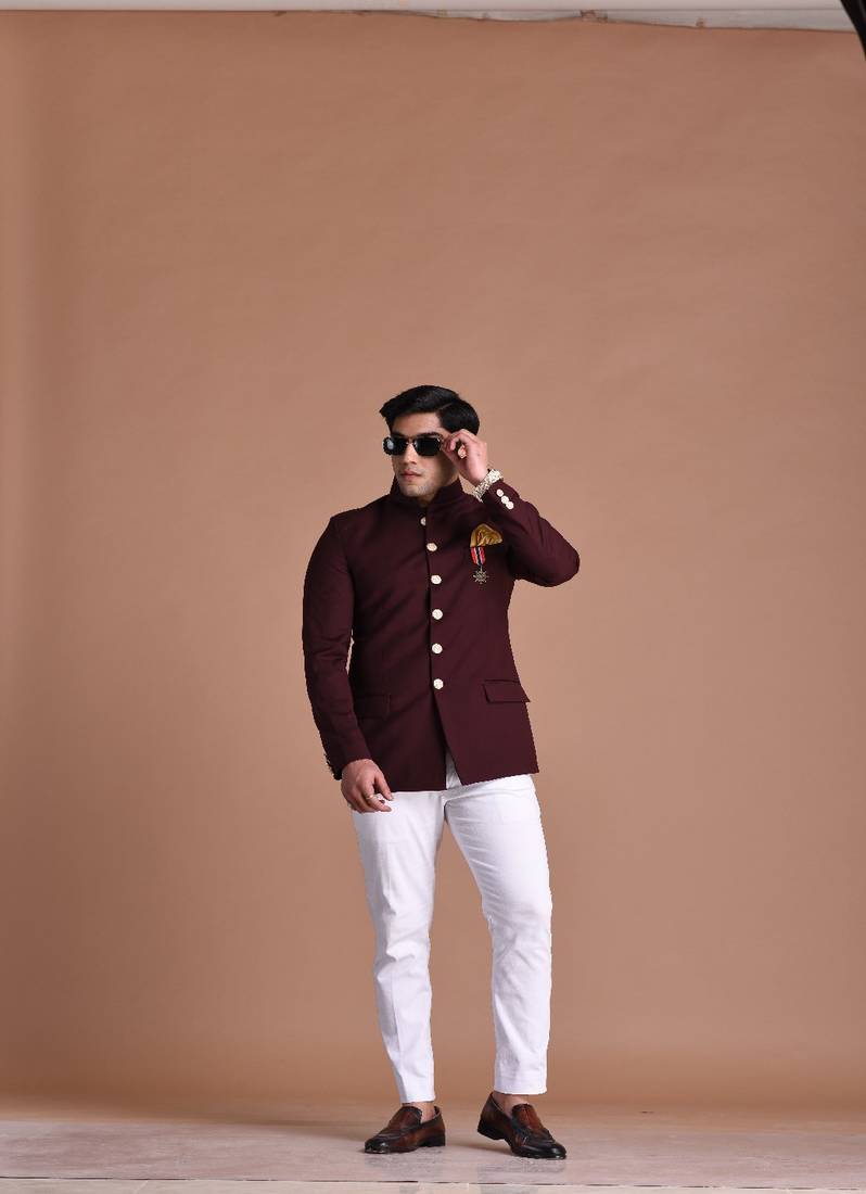 Wine Color Jodhpuri Bandhgala Designer Blazer with White Trouser