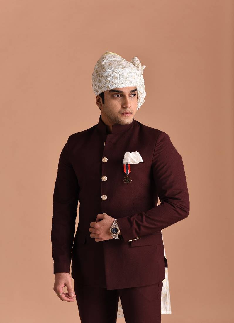 Punjabi Wedding Wine Coat Pant With Turban Wine Color Coat Pant