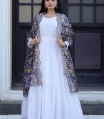 1000 butti white georgette gown with attractive kalamakrai printed dupatta