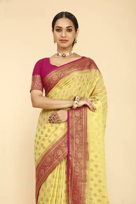 Yellow Color Stylish Indian Georgette Zari Weaving Mill Print Saree 1