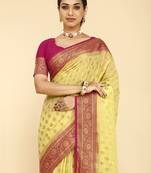Yellow Color Stylish Indian Georgette Zari Weaving Mill Print Saree